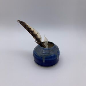 Signed KB Studio Thrown Art Pottery Small Vase Jar Cobalt Blue Gray Drip Glaze